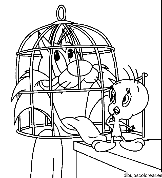 Dibujo de Silvestre en una jaula para colorear