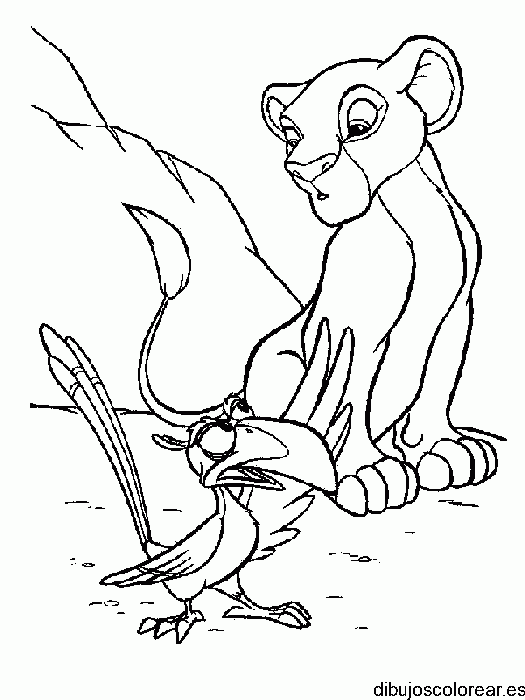 Dibujo de Simba y un pájaro para colorear
