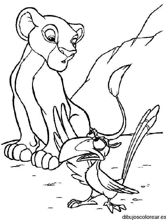 Dibujo de Simba y un pájaro para colorear