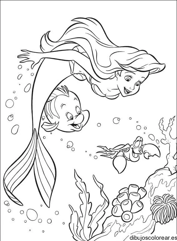 Dibujo de Sirenita en el fondo del mar para colorear