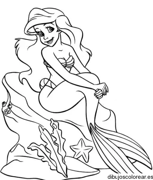 Dibujo de Sirenita en una roca para colorear
