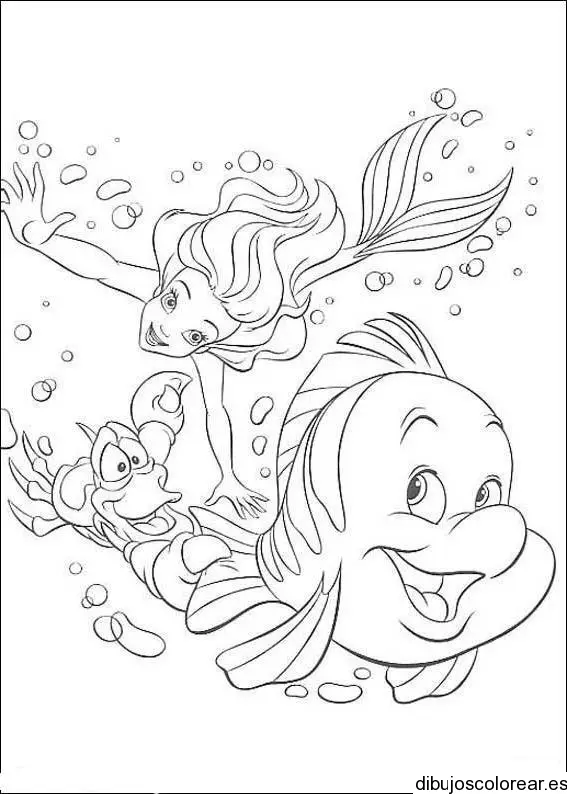 Dibujo de Sirenita nadando con los peces para colorear