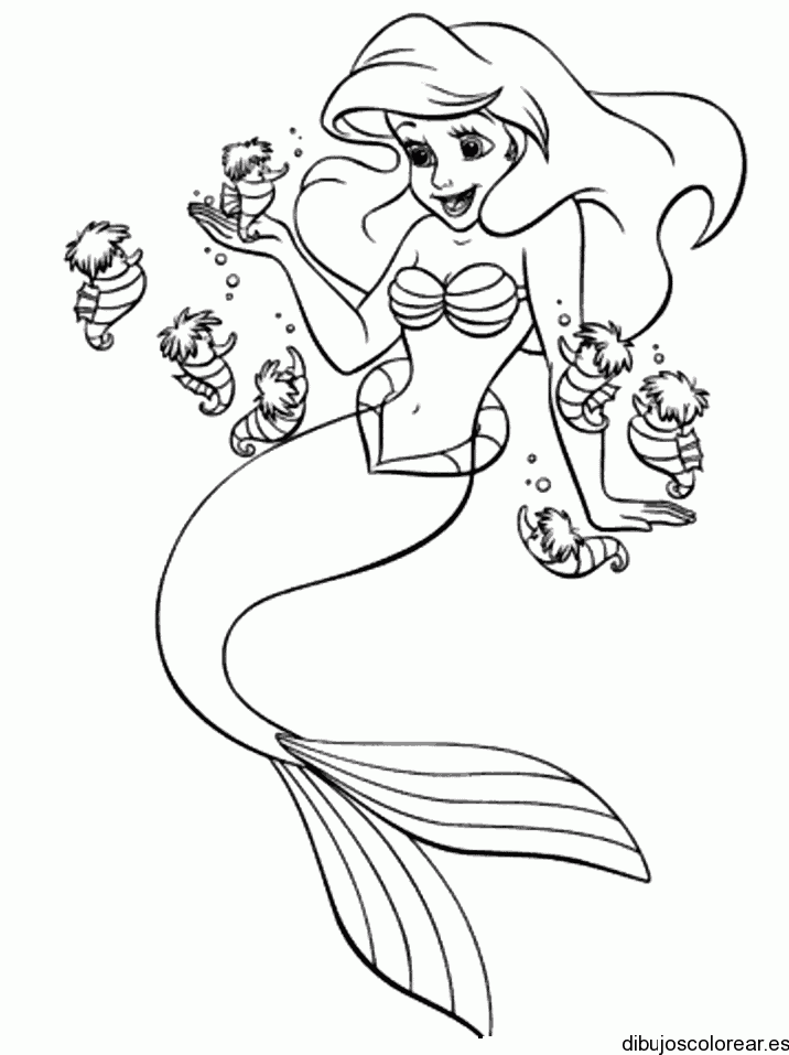 Dibujo de Sirenita y caballitos de mar para colorear