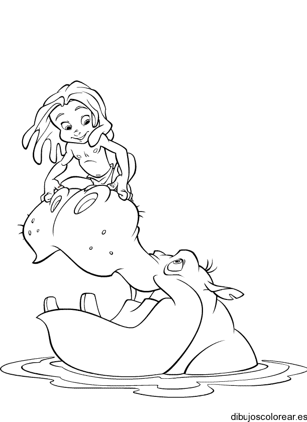 Dibujo de Tarzán niño con un hipópotamo para colorear