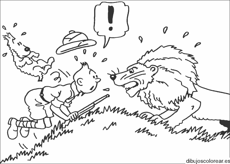 Dibujo de Tin Tin y un león para colorear