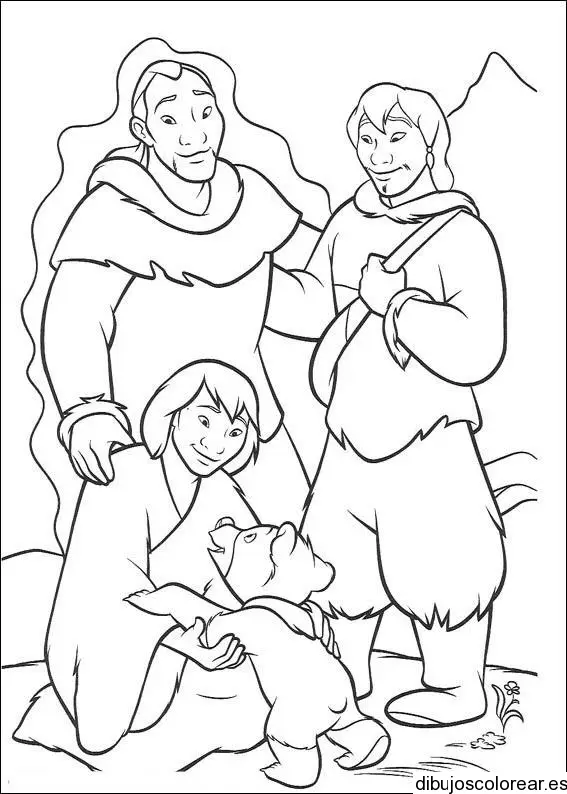 Dibujo de tres esquimales y un oso para colorear