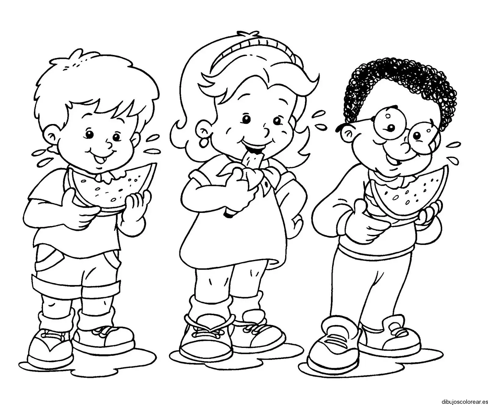 Dibujo de tres niños comiendo frutas para colorear
