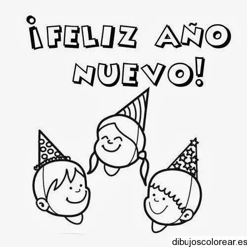 Dibujo de tres niños con un feliz año nuevo para colorear