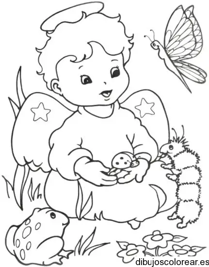 Dibujo de un ángel y una mariposa para colorear