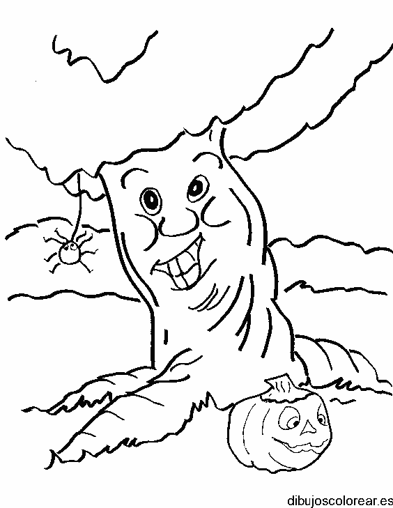 Dibujo de un árbol y una calabaza para colorear