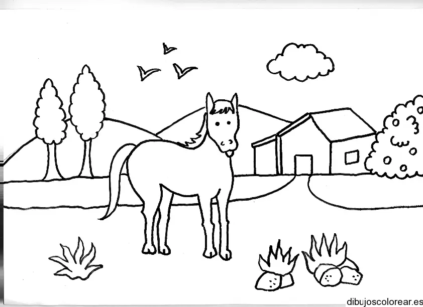 Dibujo de un caballo y una granja para colorear