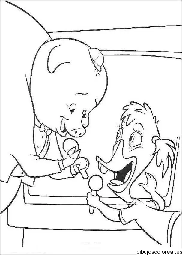 Dibujo de un cerdito y una gallina cantando para colorear