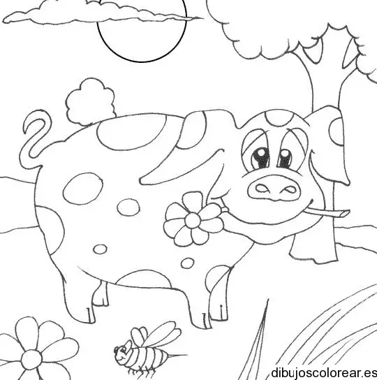 Dibujo de un cerdo con una margarita para colorear