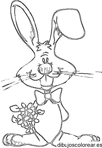 Dibujo de un conejo con flores y corbata para colorear