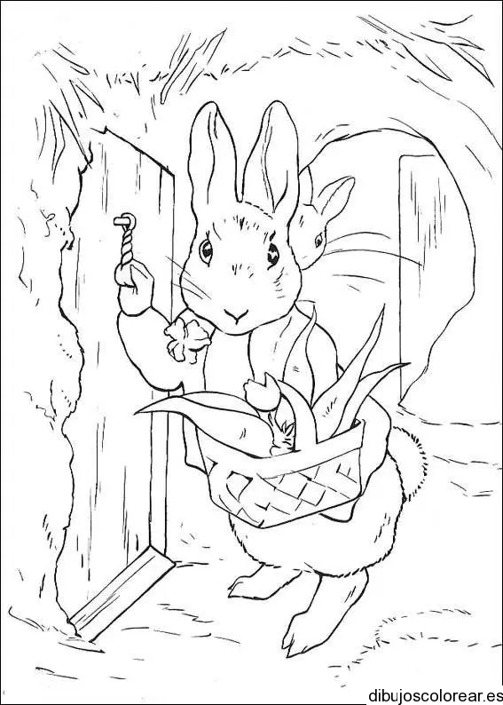 Dibujo de un conejo con una cesta para colorear