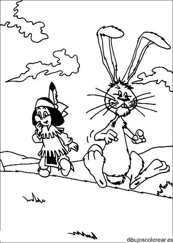Dibujo de un conejo y un niño para colorear