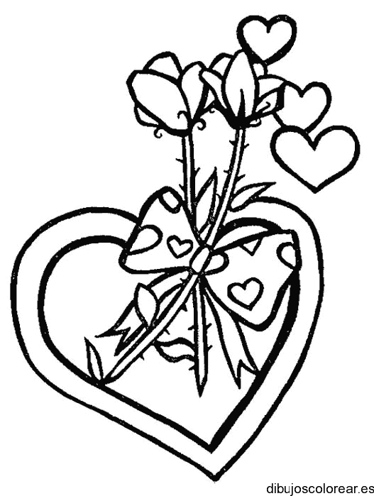 Dibujo de un corazón con flores y lazo para colorear