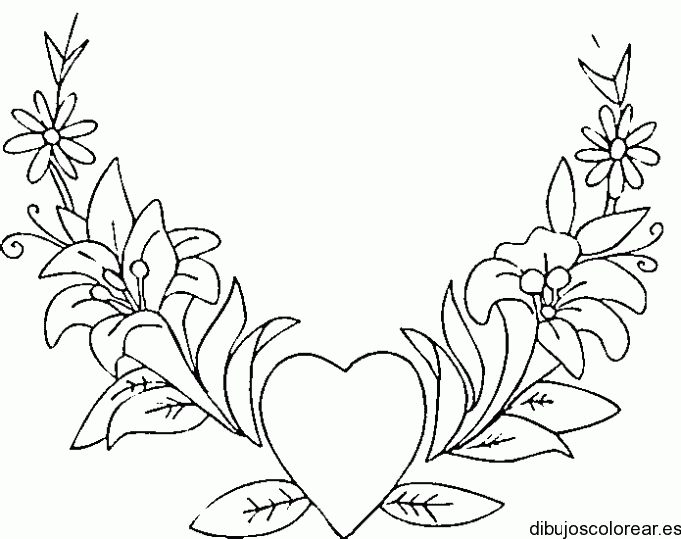 Dibujo de un corazón con muchas flores para colorear