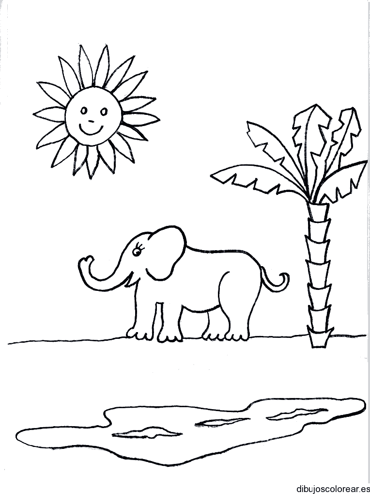 Dibujo de un elefante bajo el sol para colorear