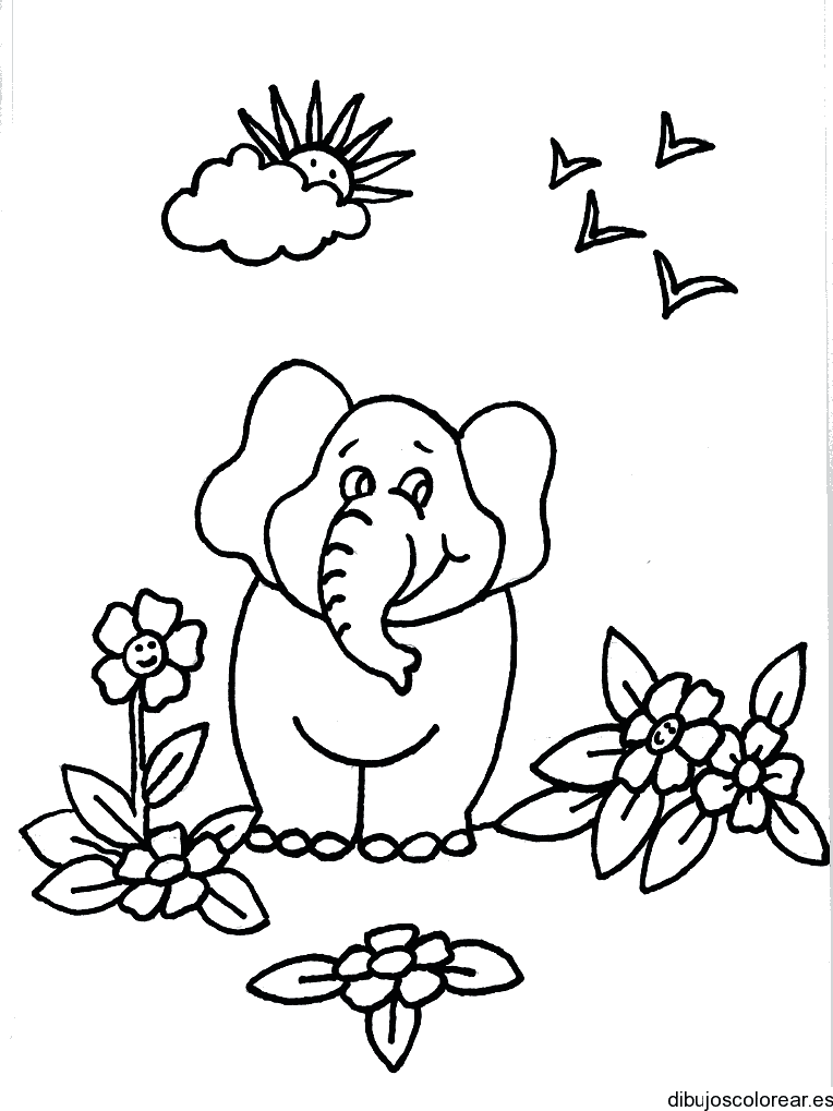 Dibujo de un elefante rodeado de flores para colorear