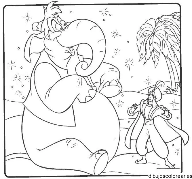 Dibujo de un elefante y Aladin para colorear