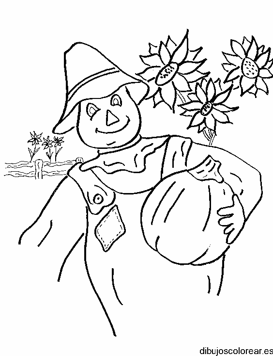 Dibujo de un espantapájaros con calabazas para colorear