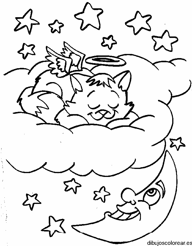 Dibujo de un gato sobre una nube para colorear