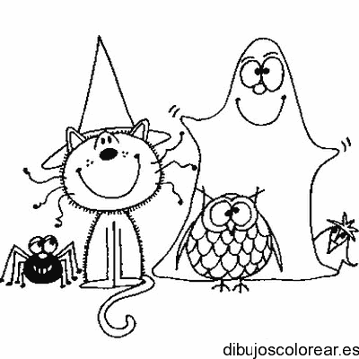 Dibujo de un gato, un búho y un fantasma para colorear