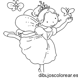 Dibujo de un hada con dos mariposas para colorear