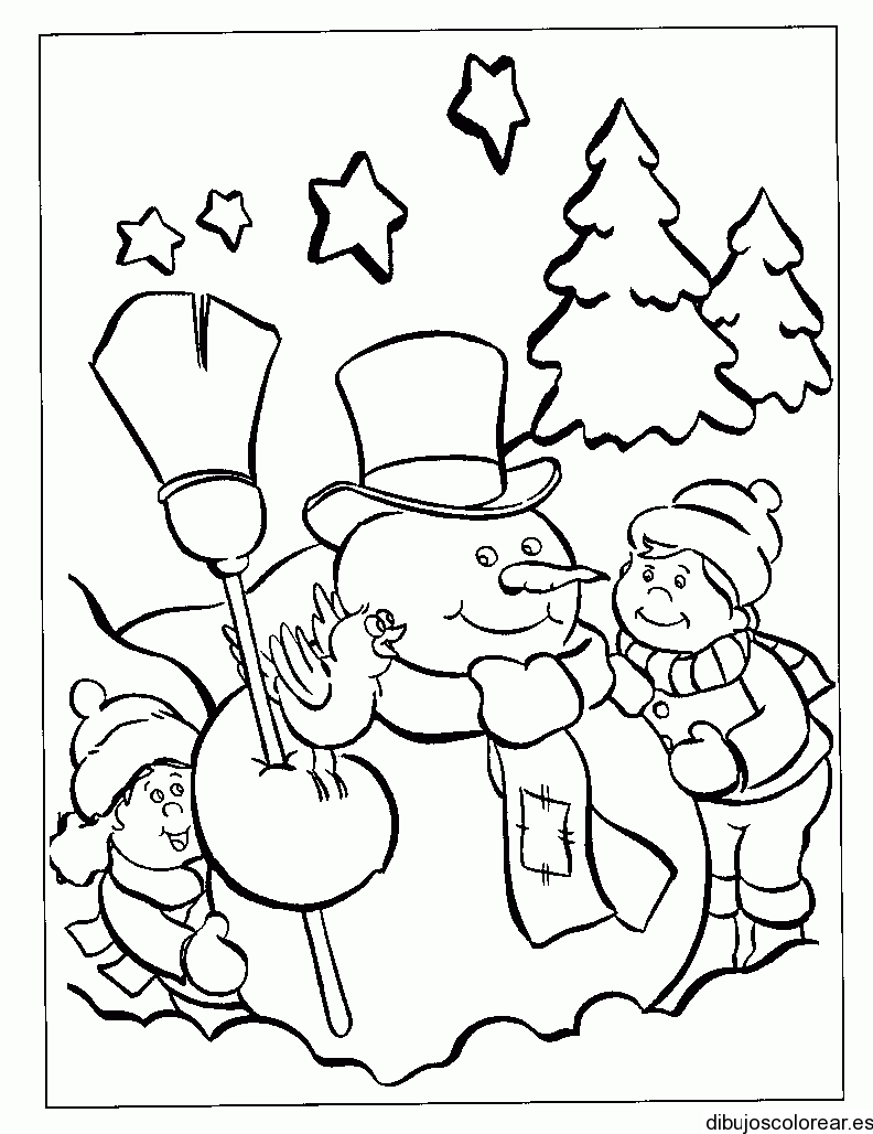 Dibujo de un hombre de nieve acompañado de un niño para colorear