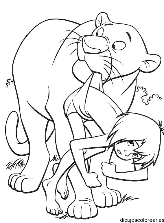 Dibujo de un león entristecido y Mowgly para colorear