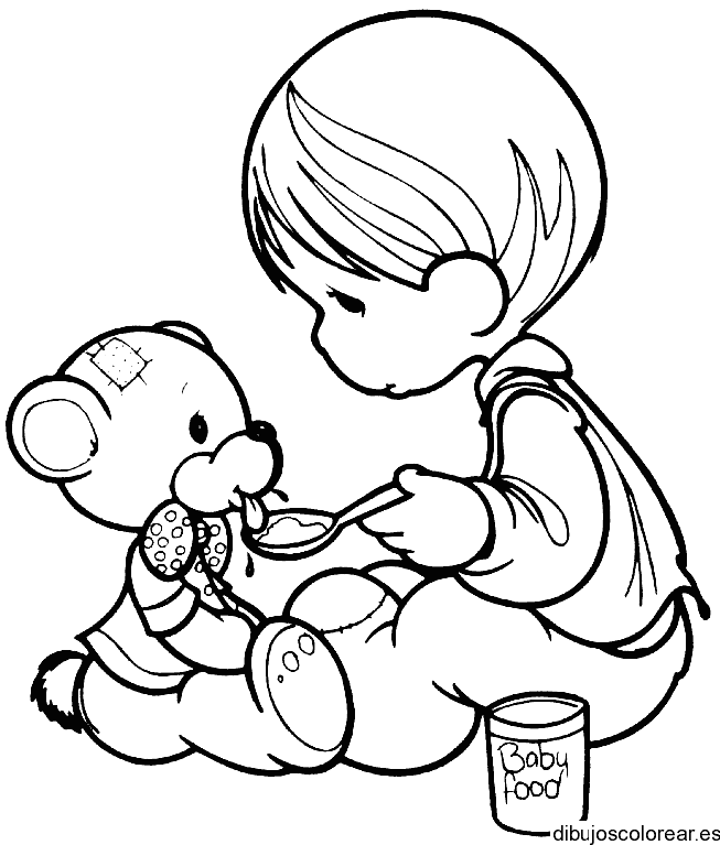 Dibujo de un niño alimentando un osito para colorear