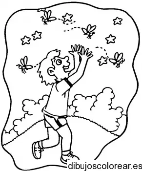 Dibujo de un niño cazando mariposas para colorear