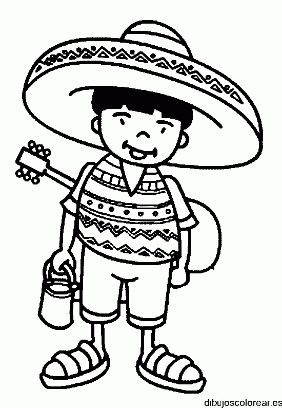 Dibujo de un niño con sombrero y guitarra para colorear