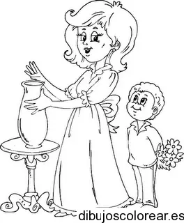 Dibujo de un niño con su madre para colorear