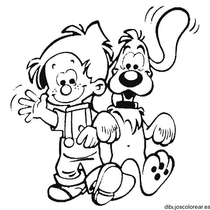 Dibujo de un niño con su perro de paseo para colorear