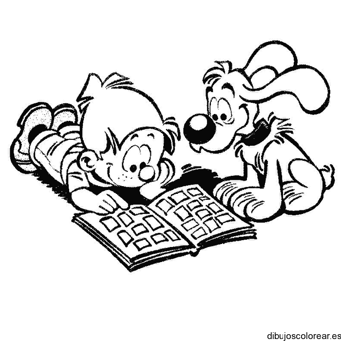 Dibujo de un niño con su perro leyendo para colorear