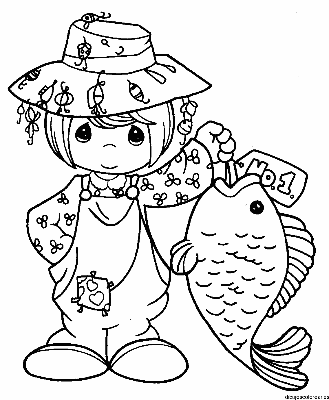 Dibujo de un niño con un gran pez para colorear