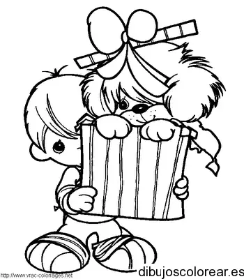 Dibujo de un niño con un perrito en una caja para colorear