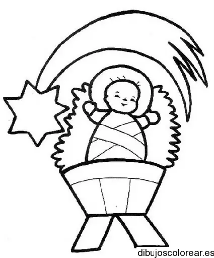 Dibujo de un niño Jesús bajo la estrella de navidad para colorear
