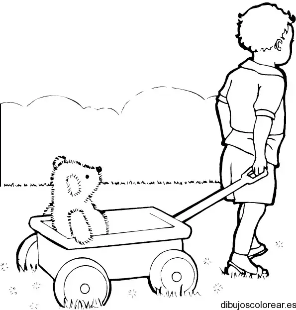 Dibujo de un niño paseando un oso para colorear