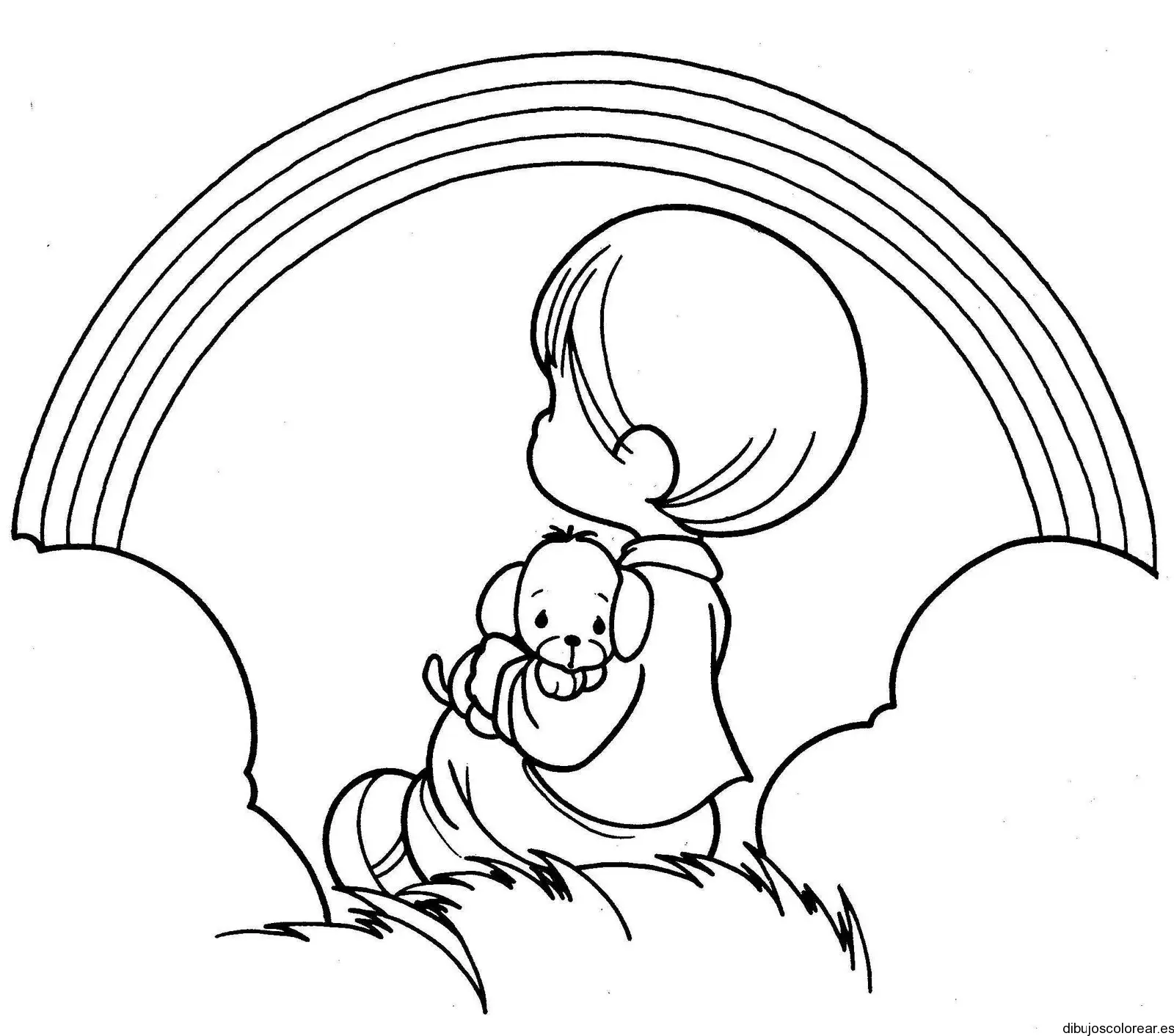 Dibujo de un niño que ve el arcoiris para colorear