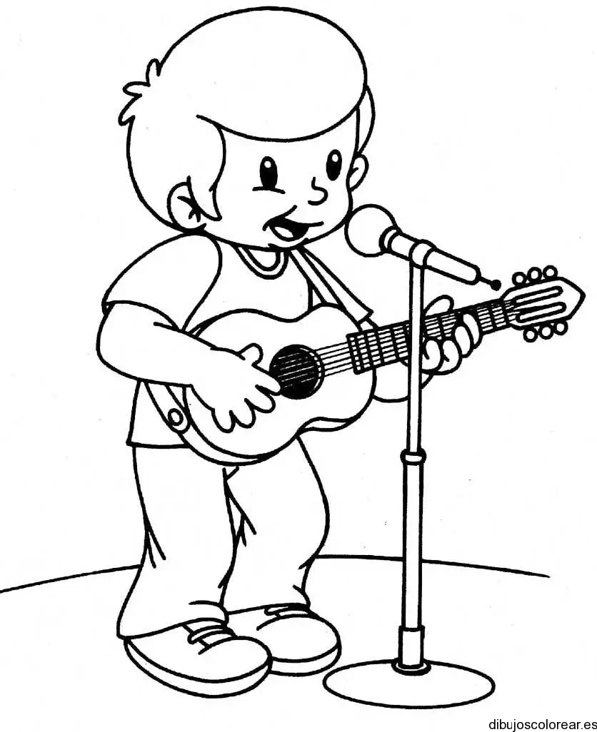 Dibujo de un niño tocando guitarra para colorear