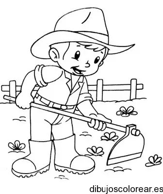 Dibujo de un niño trabajando en el huerto para colorear