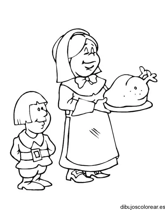 Dibujo de un niño y su madre con el pavo de la cena para colorear