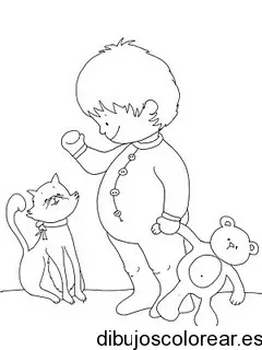 Dibujo de un niño y un gato para colorear