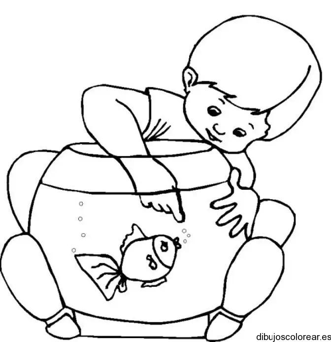 Dibujo de un niño y una pecera para colorear