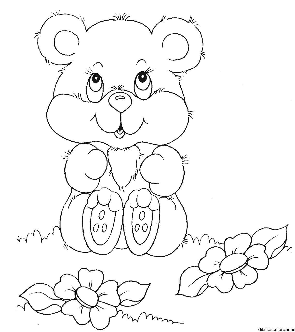 Dibujo de un osito con dos flores para colorear