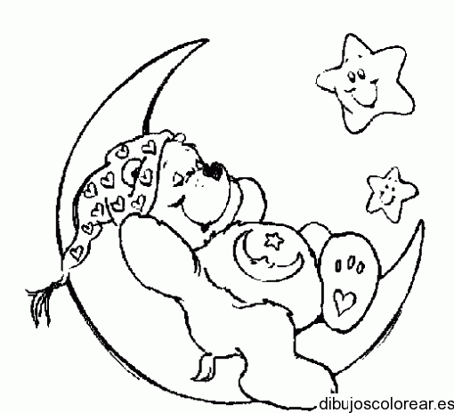 Dibujo de un osito durmiendo sobre la luna para colorear