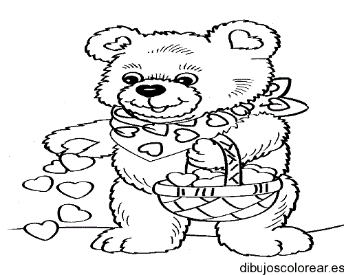 Dibujo de un osito repartiendo corazones para colorear